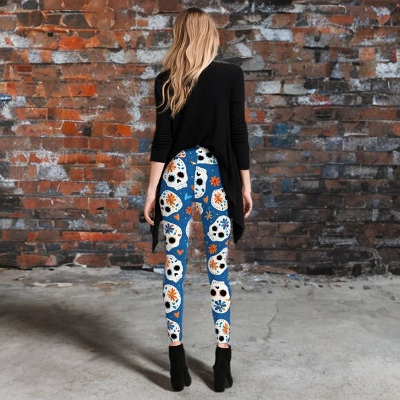 LuLaRoe Sugar Skull Halloween Leggings High-Rise Day of the Dead Stretchy Pants - Picture 3 of 12